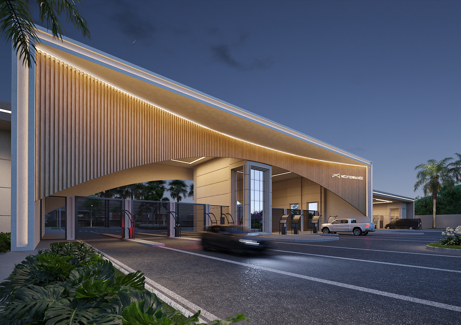Studio 3D — fachada noturna